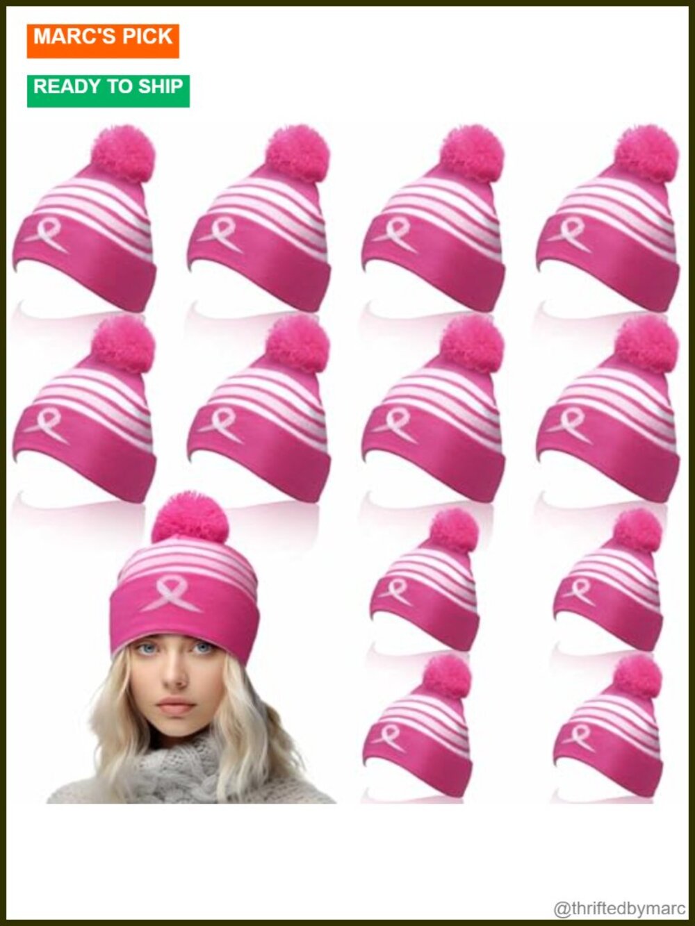 12 Pack Breast Cancer Awareness Knitted Cuffed Beanie Hats Warm Winter Caps